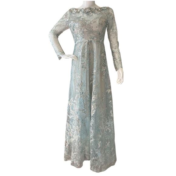 New Mac Duggal Floral Sequin Illusion Gown Mist Size 6 Elegant Evening Dress - Picture 4 of 10